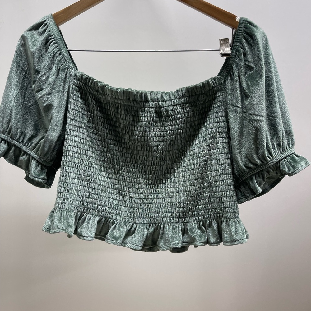 Rewind Green Smocked Off-Shoulder Velvet Crop Top Y2K